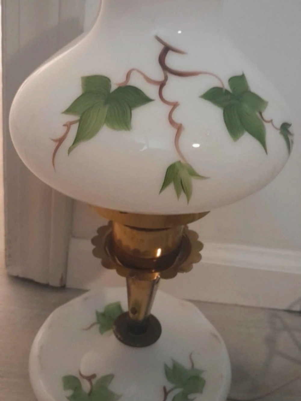 1950s 12" Hand Painted Milk Glass
Hurricane Style Lamp